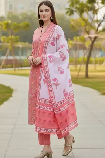 Women Floral Printed Empire Pure Cotton Kurta with Trousers & With Dupatta