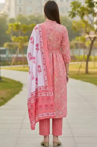 Women Floral Printed Empire Pure Cotton Kurta with Trousers & With Dupatta