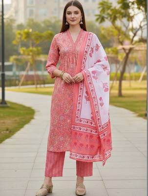 Women Floral Printed Empire Pure Cotton Kurta with Trousers & With Dupatta 4