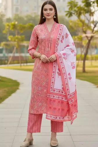 Women Floral Printed Empire Pure Cotton Kurta with Trousers & With Dupatta