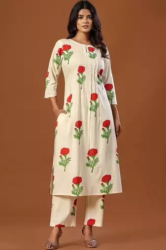 Women Floral Printed Regular Pure Cotton Kurta with Trousers