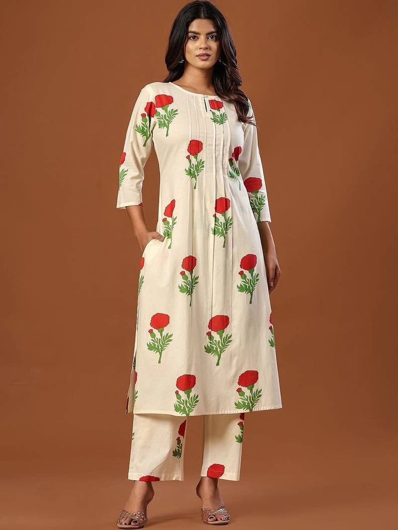 Women Floral Printed Regular Pure Cotton Kurta with Trousers