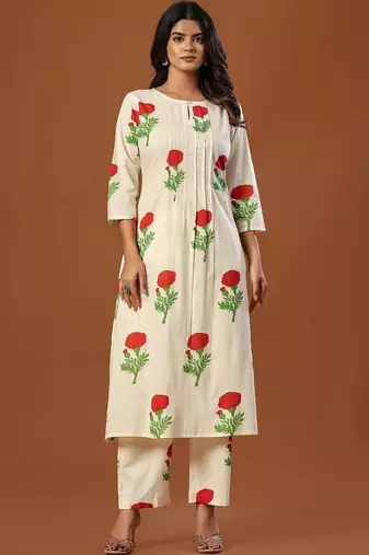 Women Floral Printed Regular Pure Cotton Kurta with Trousers