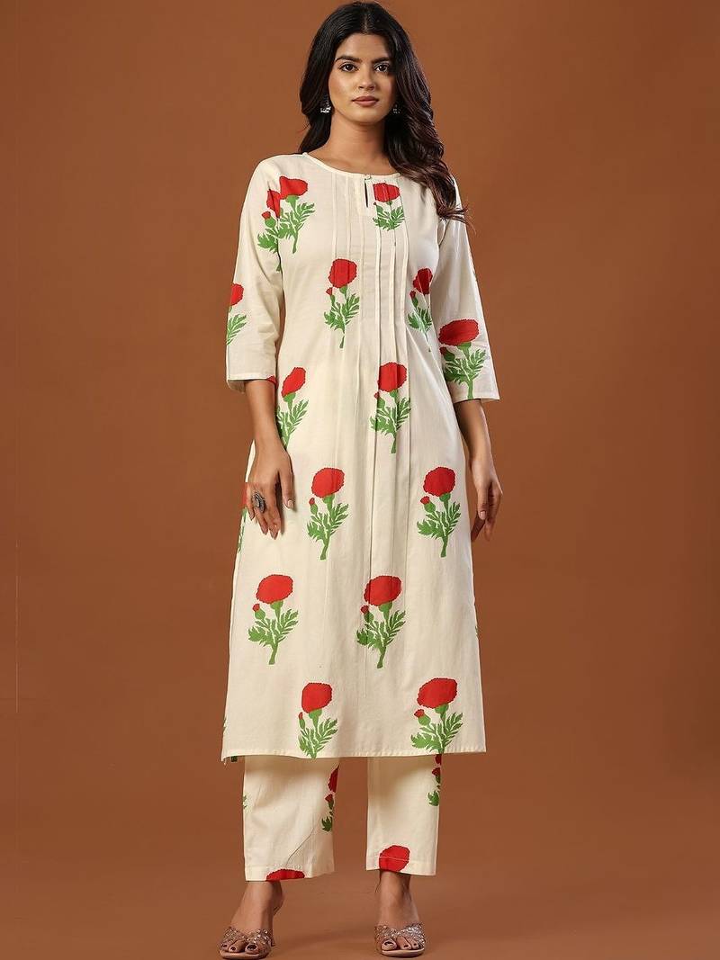 Women Floral Printed Regular Pure Cotton Kurta with Trousers
