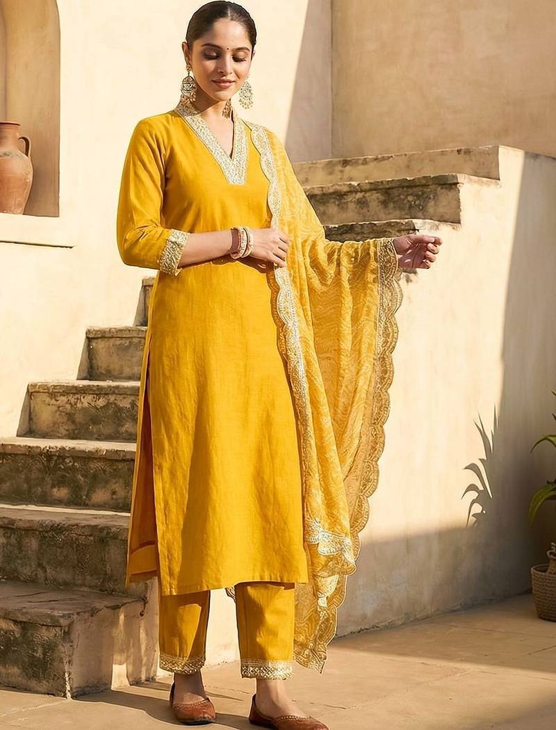 Women Ethnic Motifs Regular Kurta with Trousers & With Dupatta