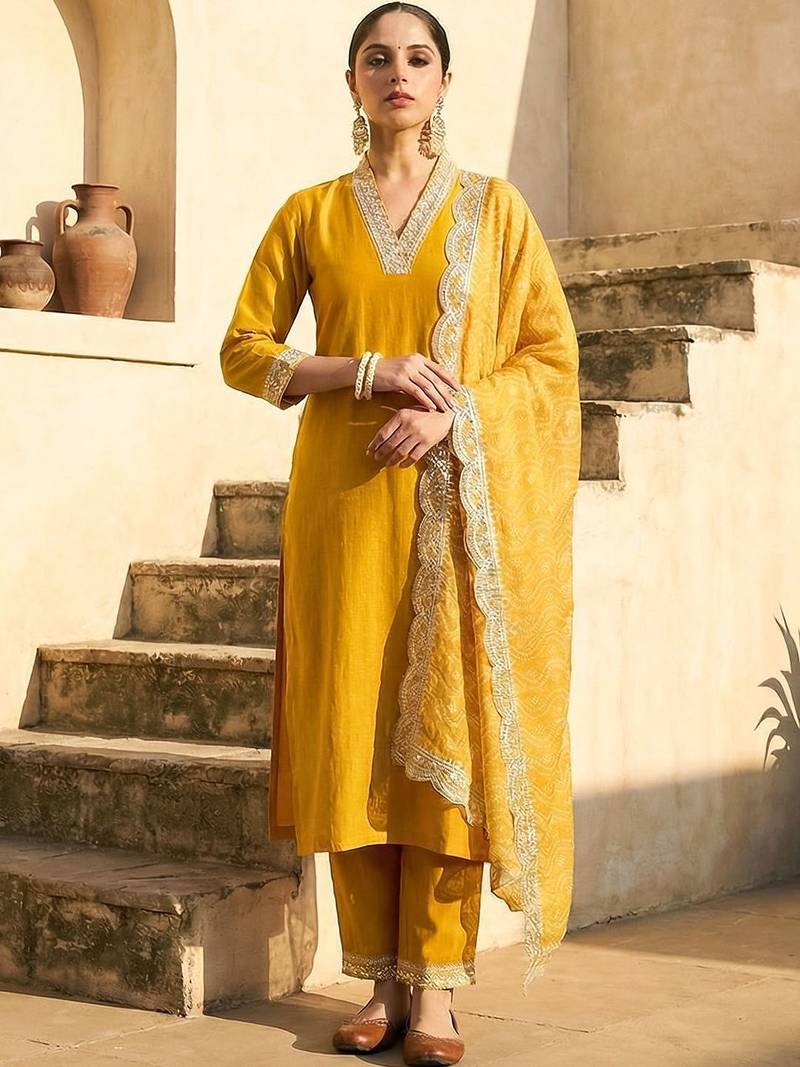 Women Ethnic Motifs Regular Kurta with Trousers & With Dupatta