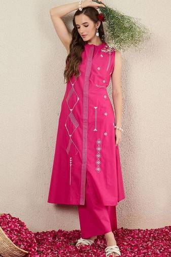 Women Ethnic Motifs Embroidered Regular Thread Work Pure Cotton Kurta with Palazzos