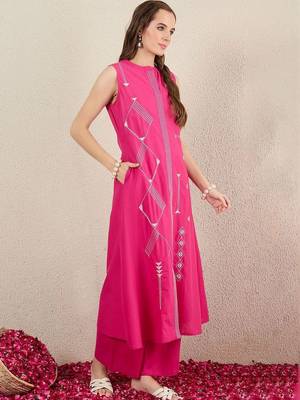 Women Ethnic Motifs Embroidered Regular Thread Work Pure Cotton Kurta with Palazzos 2