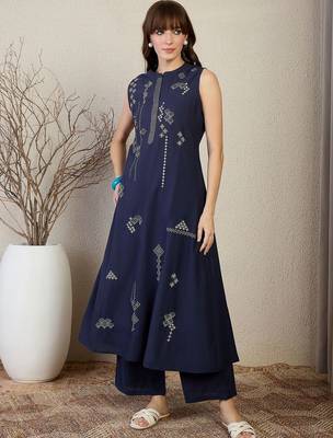 Women Ethnic Motifs Embroidered Regular Thread Work Pure Cotton Kurta with Palazzos 5