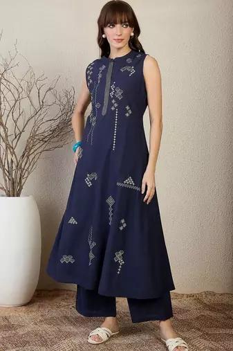 Women Ethnic Motifs Embroidered Regular Thread Work Pure Cotton Kurta with Palazzos