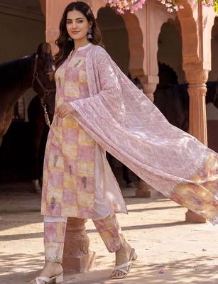 Women Printed Regular Pure Cotton Kurta with Trousers & With Dupatta 1