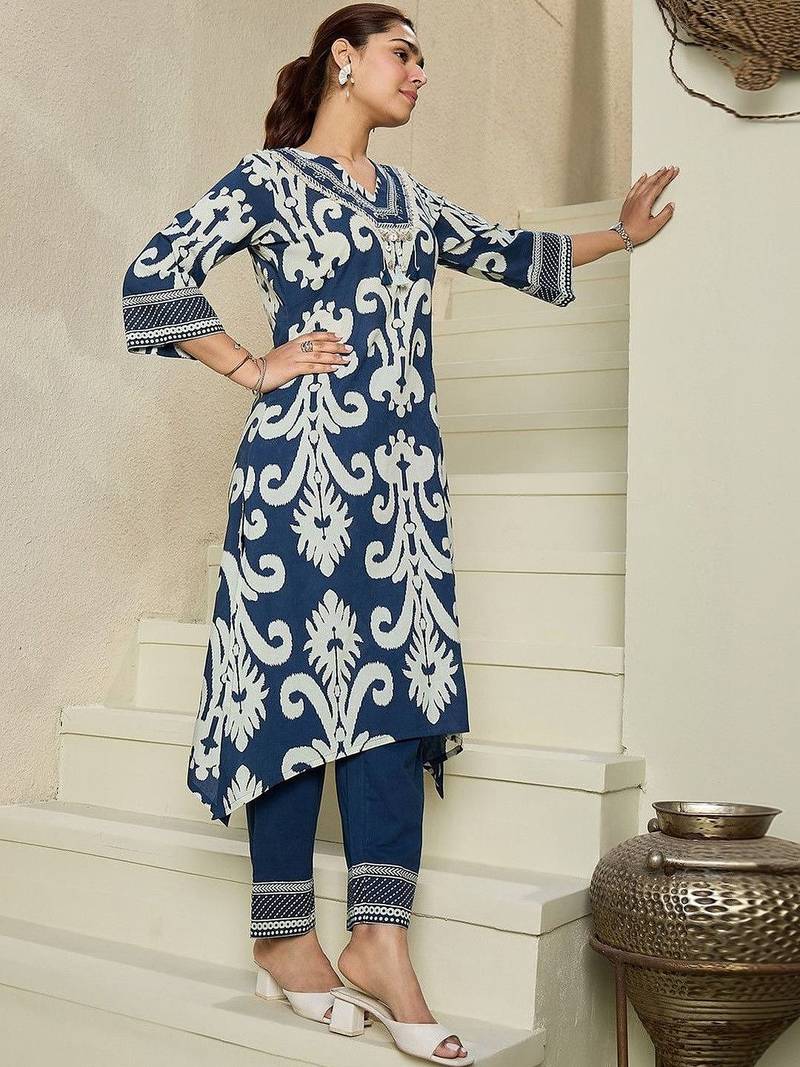 Women Ethnic Motifs Printed Regular Thread Work Pure Cotton Kurta with Trousers