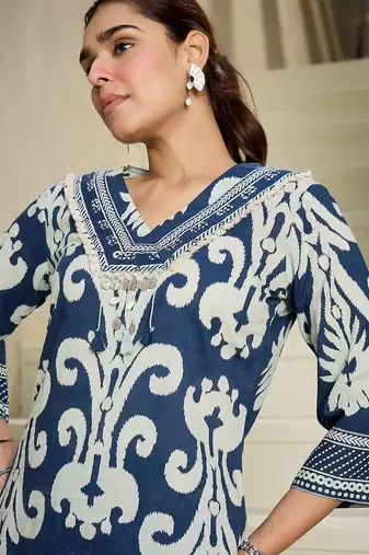 Women Ethnic Motifs Printed Regular Thread Work Pure Cotton Kurta with Trousers
