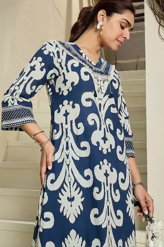 Women Ethnic Motifs Printed Regular Thread Work Pure Cotton Kurta with Trousers