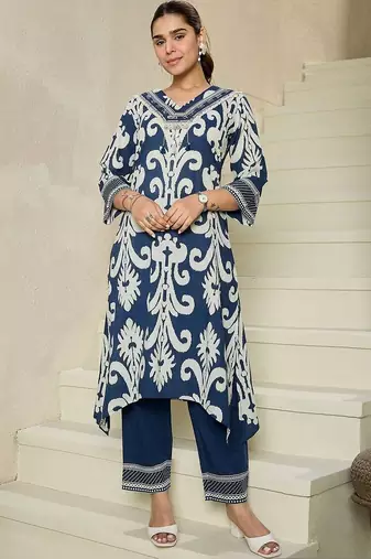 Women Ethnic Motifs Printed Regular Thread Work Pure Cotton Kurta with Trousers