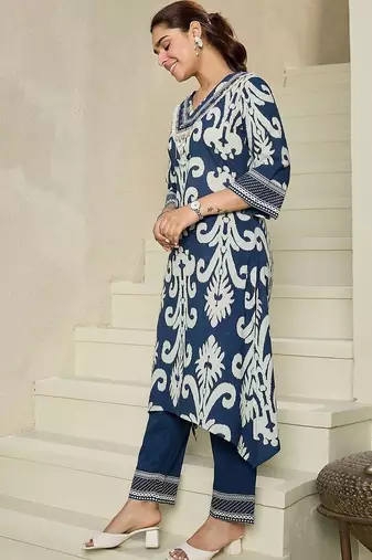 Women Ethnic Motifs Printed Regular Thread Work Pure Cotton Kurta with Trousers