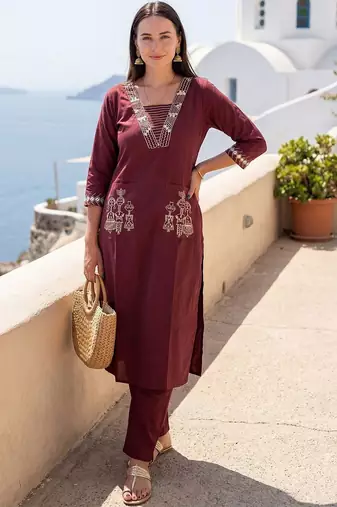 Women Ethnic Motifs Embroidered Regular Thread Work Pure Cotton Kurta with Trousers