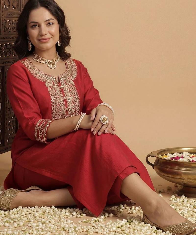 Women Ethnic Motifs Embroidered Regular Sequinned Liva Kurta with Trousers