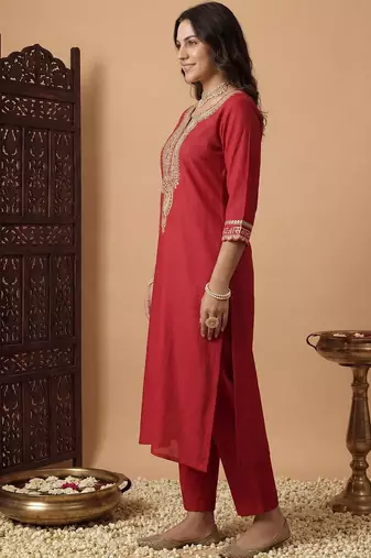 Women Ethnic Motifs Embroidered Regular Sequinned Liva Kurta with Trousers