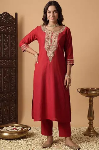 Women Ethnic Motifs Embroidered Regular Sequinned Liva Kurta with Trousers