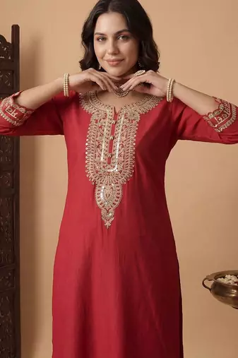 Women Ethnic Motifs Embroidered Regular Sequinned Liva Kurta with Trousers