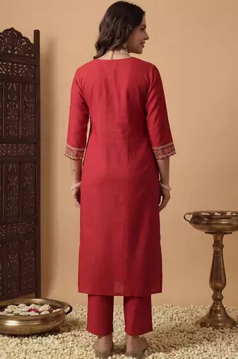 Women Ethnic Motifs Embroidered Regular Sequinned Liva Kurta with Trousers