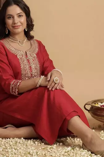 Women Ethnic Motifs Embroidered Regular Sequinned Liva Kurta with Trousers