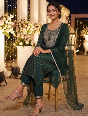 Women Embroidered Regular Chanderi Silk Kurta with Trousers & With Dupatta 1