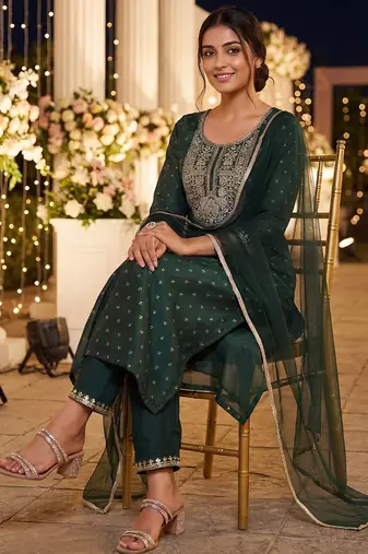 Women Embroidered Regular Chanderi Silk Kurta with Trousers & With Dupatta