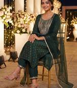 Women Embroidered Regular Chanderi Silk Kurta with Trousers & With Dupatta