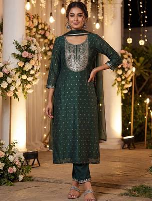 Women Embroidered Regular Chanderi Silk Kurta with Trousers & With Dupatta 2