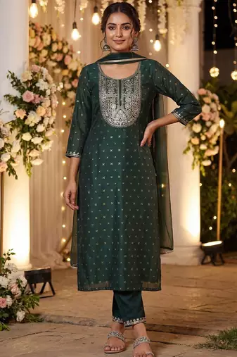 Women Embroidered Regular Chanderi Silk Kurta with Trousers & With Dupatta