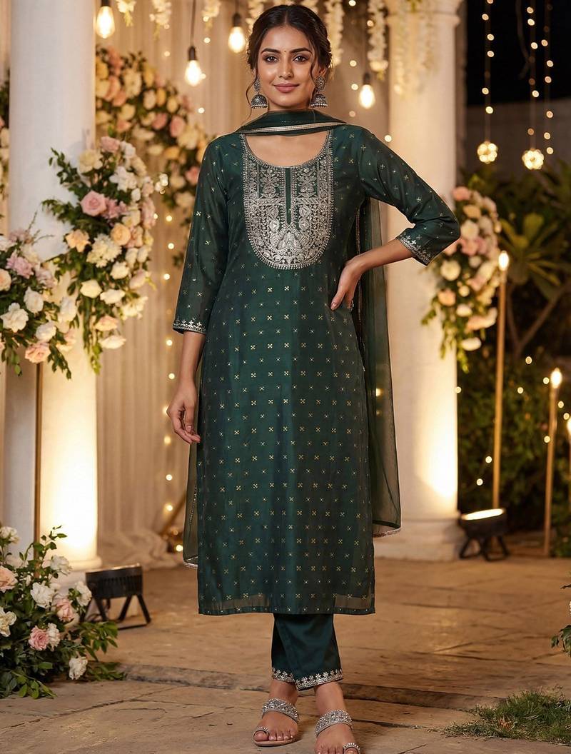 Women Embroidered Regular Chanderi Silk Kurta with Trousers & With Dupatta