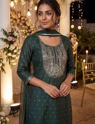 Women Embroidered Regular Chanderi Silk Kurta with Trousers & With Dupatta 3