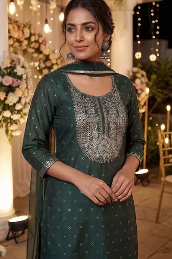 Women Embroidered Regular Chanderi Silk Kurta with Trousers & With Dupatta