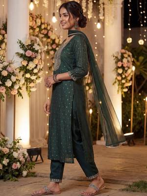 Women Embroidered Regular Chanderi Silk Kurta with Trousers & With Dupatta 4