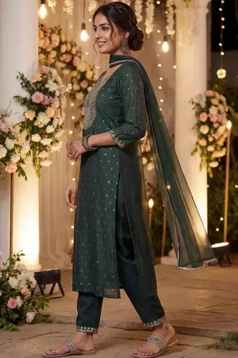 Women Embroidered Regular Chanderi Silk Kurta with Trousers & With Dupatta