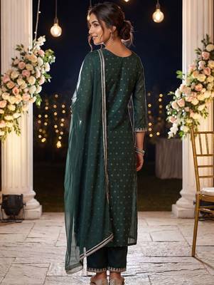Women Embroidered Regular Chanderi Silk Kurta with Trousers & With Dupatta 5