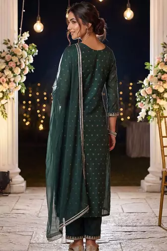 Women Embroidered Regular Chanderi Silk Kurta with Trousers & With Dupatta