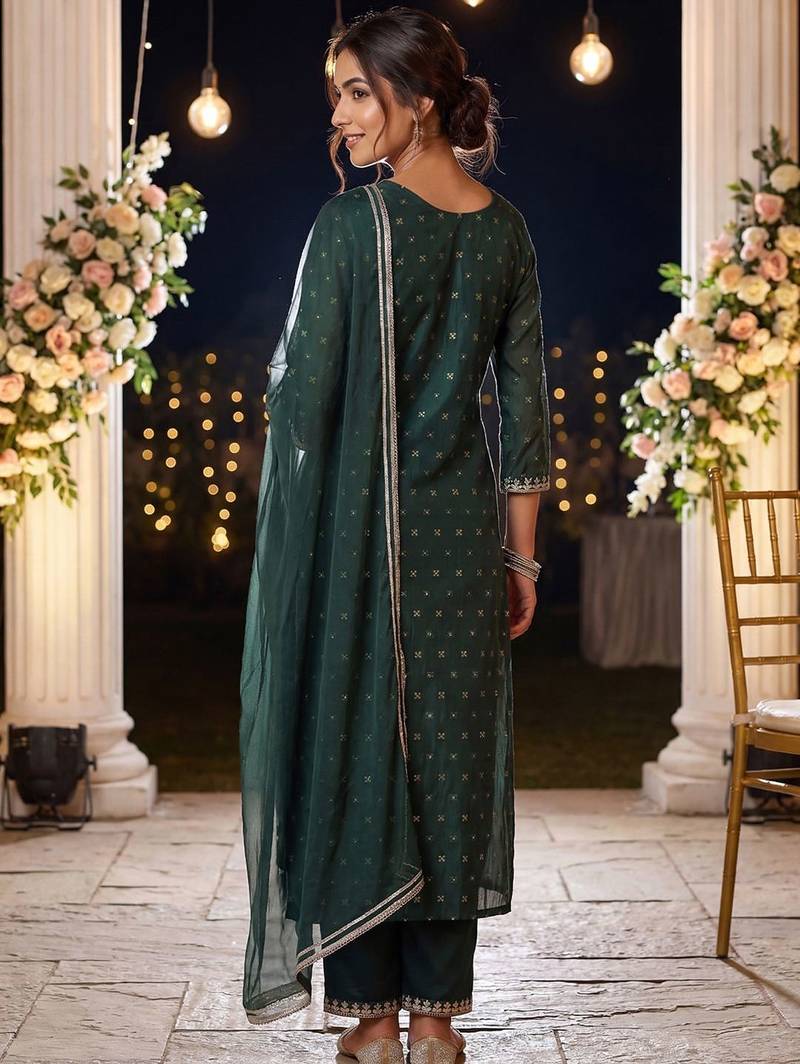 Women Embroidered Regular Chanderi Silk Kurta with Trousers & With Dupatta