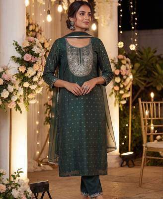Women Embroidered Regular Chanderi Silk Kurta with Trousers & With Dupatta 6