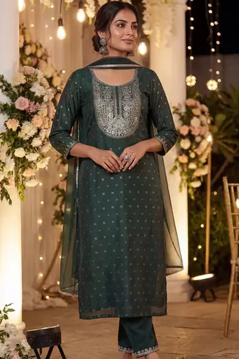 Women Embroidered Regular Chanderi Silk Kurta with Trousers & With Dupatta