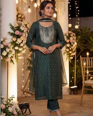 Women Embroidered Regular Chanderi Silk Kurta with Trousers & With Dupatta 1