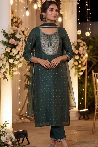 Women Embroidered Regular Chanderi Silk Kurta with Trousers & With Dupatta