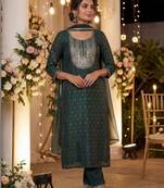 Women Embroidered Regular Chanderi Silk Kurta with Trousers & With Dupatta