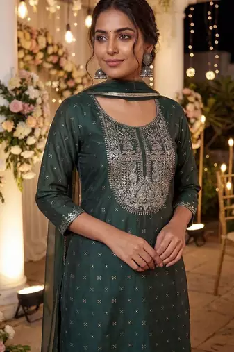 Women Embroidered Regular Chanderi Silk Kurta with Trousers & With Dupatta