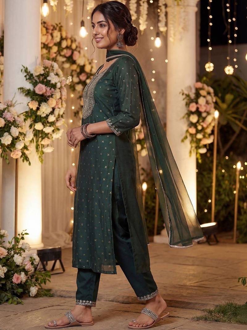 Women Embroidered Regular Chanderi Silk Kurta with Trousers & With Dupatta