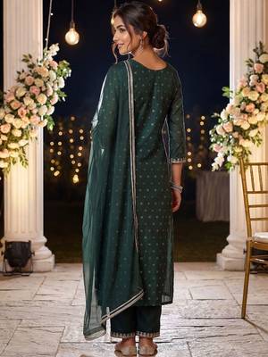 Women Embroidered Regular Chanderi Silk Kurta with Trousers & With Dupatta 4