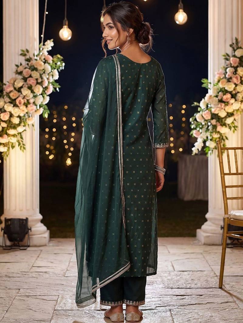 Women Embroidered Regular Chanderi Silk Kurta with Trousers & With Dupatta