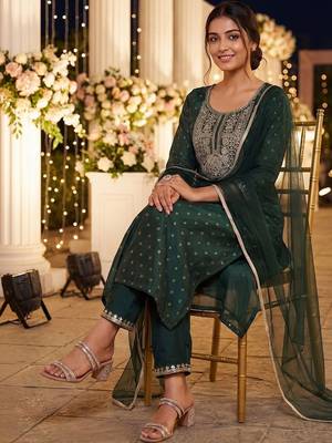 Women Embroidered Regular Chanderi Silk Kurta with Trousers & With Dupatta 5